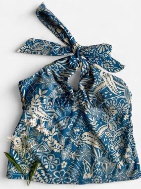 Y2K blue sparkly floral halter swim top